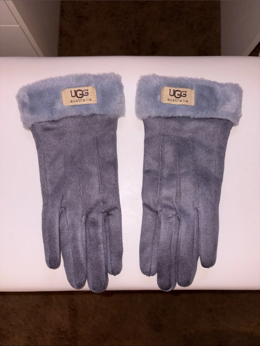 UGG Gray Suede Gloves with Faux Fur Trim